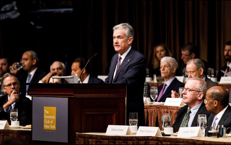 El presidente de la Reserva Federal (Fed), Jerome Powell, participa en un evento organizado por el Club Económico de Nueva York. EFE/J. Lane