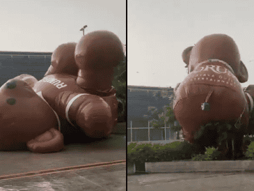 usuarios captan a Oso gigante inflable en Plaza Forum Cuernavaca. ESPECIAL/Fotos de video en X