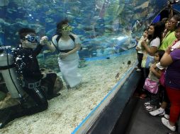 La pareja transmitió sus promesas matrimoniales con ayuda de un audiomicrófono. EFE  /