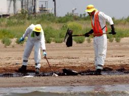 Dos trabajadores limpian intentan remover petróleo en la playa de Grand Terre, de la Bahía Barataria, en Louisiana, Estados Unidos. EFE  /