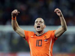 El jugador holandés Wesley Sneijder celebra el pase de Holanda a la final de la Copa del Mundo. EFE  /