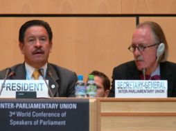 Carlos Navarrete (i), durante su participación en la Tercera Conferencia Mundial de Presidentes de Parlamentos.NTX  /