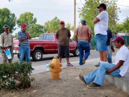 Algunos jornaleros inmigrantes esperan la camioneta que los llevará al trabajo. AP  /