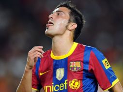 David Villa después de haber anotado su primer gol con el Barcelona. AFP  /