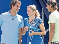 Roger Federer, Kim Clijsters y Rafael Nadal dieron una demostración de tenis durante, previo al inicio del US Open. AFP  /