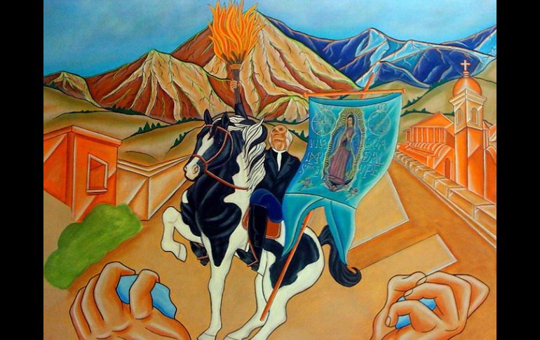 Detalle del centro del mural realizado por Sánchez, en donde se aprecia la figura del sacerdote y militar Miguel Hidalgo. EFE  /