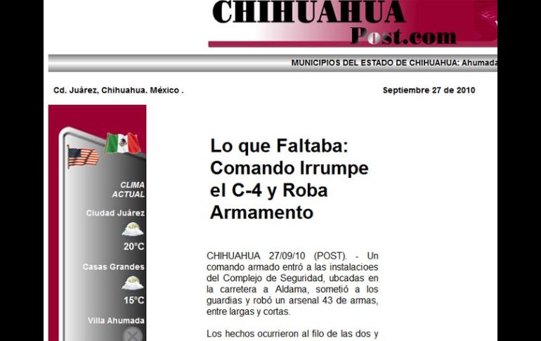 En el “Chihuahua Post” el editor Rafael Armando Muro, divulga la noticia del robo de armas a las instalaciones de la Policía. ESPECIAL  /