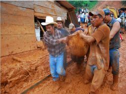 Varios hombres sacan un cuerpo del lugar donde ocurrió un deslizamiento causado por las fuertes lluvias en Chiapas. EFE  /