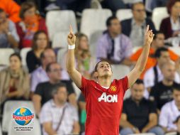 La 'nueva estrella' Javier 'Chicharito' Hernández celebrando su primer gol de la Champions League. AP  /