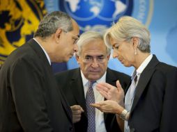 El ministro egipcio de Finanzas, el director gerente del FMI, y la ministra francesa de Finanzas. EFE  /