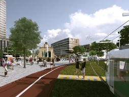 Héctor Vielma presentó una imagen que prefigura la circulación de un tranvía justo frente a los Arcos de Zapopan. ESPECIAL  /