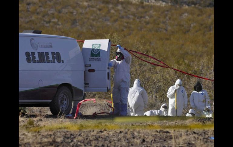 Peritos forenses levantan los 18 cuerpos de las fosas clandestinas ubicadas en el rancho ''El Capricho''. AP  /