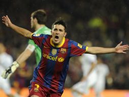 David Villa festejando el doblete que realizó en el Cla´sico español. AFP  /