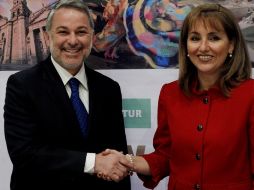 La secretaria de Turismo, Gloria Guevara, ofreció en Madrid una conferencia de prensa conjunta con el gobernador, Emilio González. NTX  /