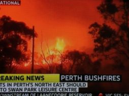 Esta pantalla de televisión muestra los bomberos en el lugar en el que se incendiaron los matorrales. AFP  /