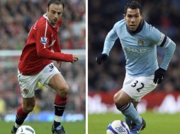 El jugador del Manchester United Berbatov y Carlos Tévez del ManCity representan el duelo de la Liga Premier. EFE  /