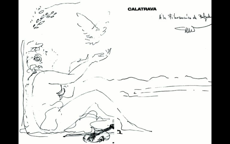 Dibujo de Calatrava con dedicatoria a la Filarmónica de Belgrado hecho en una página de su monografía que regaló a esa institución. EFE  /