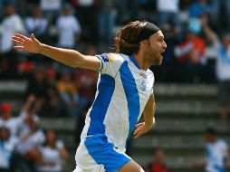 El jugador de Puebla, Gerardo Lugo celebra sus anotaciones. MEXSPORT  /