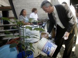 El secretario de Salud, Alfonso Petersen vacía el agua de un bote para evitar la proliferación del mosco del dengue. ARCHIVO  /