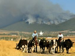 El viento y las descargas eléctricas complican el control del fuego en la montaña. EFE  /
