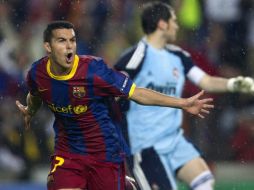 El delantero del Barcelona, Pedro Rodríguez, celebra tras marcar el gol ante Real Madrid. EFE  /