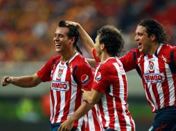 Mario de Luna, Omar Arellano y Héctor Reynoso festejan el segundo gol del partido. MEXSPORT  /