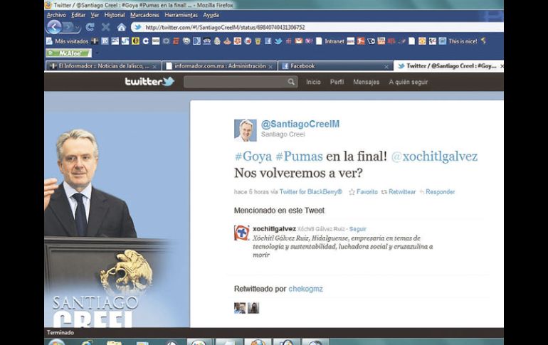El senador panista Santiago Creel expresó su felicidad por el pase a la final del equipo universitario en la red social. ESPECIAL  /