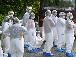 Evacuados utilizan ropa de protección, luego de regresar de la visita breve a sus casas en la zona de exclusión, Okuma. AP  /