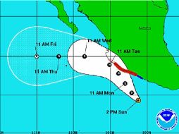 Trayectoria para 'Beatriz' para los próximos cinco días prevista por el centro estadounidense de huracanes. ESPECIAL  /