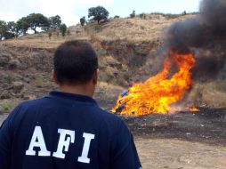 Ofciales mexicanos incineran droga deocmisada en un opertativo. NTX  /