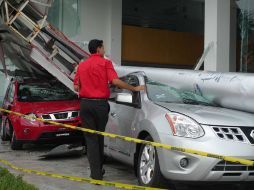 Un enorme tótem cayó sobre autos de exhibición en una concesionaria debido a los intensos ventarrones. M. APARICIO  /