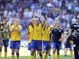 suecia celebra su victoria 3-1 en el juego de cuartos de final contra Australia. EFE  /