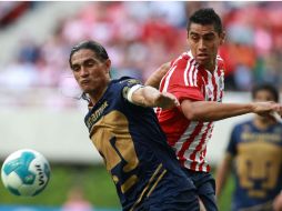 Francisco Palencia de Pumas en la cancha del Omnilife tratando de hacer un gol ante Chivas. AP  /