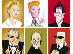 Herrera, Bowie, Richards, Scorsese, Rushdie y Lagerfeld, caricaturizados por Risko para acompañar a los cuestionarios Proust. EFE  /