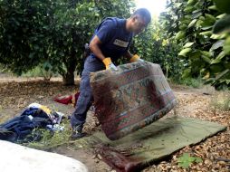 Un policía israelí levanta un colchón ensangrentado. EFE  /