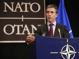 El Secretario General de la OTAN, Fogh Rasmussen durante una rueda de prensa. EFE  /