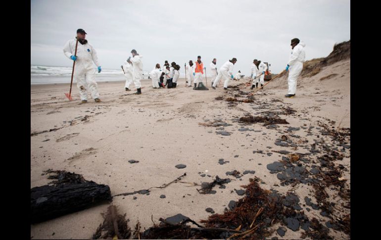 Reservistas limpian la playa de Papamoa afectada por el derrame de petróleo del barco accidentado Rena. EFE  /