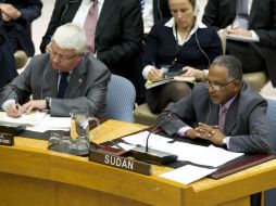 El embajador de Sudán en la ONU, Daffa-Alla Elhag Ali Osman (derecha), en la reuinón de hoy en el Consejo de Seguridad. EFE  /