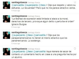 Algunas de las respuestas de Santiago Baeza en Twitter a críticas. ESPECIAL  /