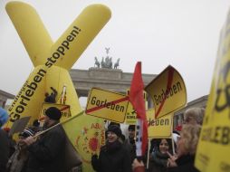 Activistas protestan contra los planes de transporte del convoy cargado de residuos radiactivo. EFE  /