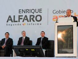 El alcalde de Tlajomulco, Enrique Alfaro Ramírez, durante su segundo informe de gobierno. ESPECIAL  /