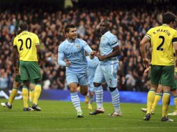 El jugador argentino del Manchester City Sergio 'Kun' Agüero después de marcar el 1-0 contra el Norwich City. EFE  /