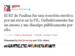 Enrique Peña Nieto, se disculpó por un mensaje que su hija publicó en Twitter. ESPECIAL  /