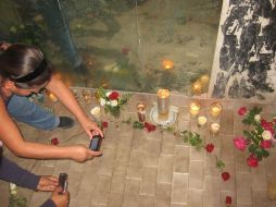 Colocan flores y veladoras a lado de la imagen que supuestamente apareció en el suelo.  /