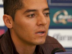 El futbolista durante la conferencia de prensa, realizada en las instalaciones de Coapa. MEXSPORT  /