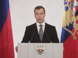 Medvédev presenta en el Kremlin ante el Parlamento en pleno su mensaje anual sobre el estado de la nación. EFE  /