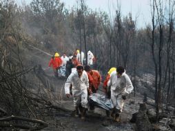 Rescatistas cargan un cuerpo. Seis brigadistas que combatían uno de los incendios en Chile fallecieron. REUTERS  /