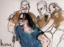 La imagen muestra el bosquejo de la comparecencia en la Corte Superior de Los Angeles de  Harry Burkhart. AP  /