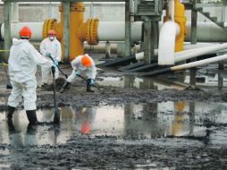 Vestidos con ropa especial, alrededor de 300 personas recolectan el petróleo y lirio acuático impregnado. EL UNIVERSAL  /