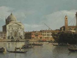Venecia, una vista de las iglesias del Salvador y de San Giacomo, con un barco de guerra amarrado, góndolas y barcazas, de Canaletto.  /